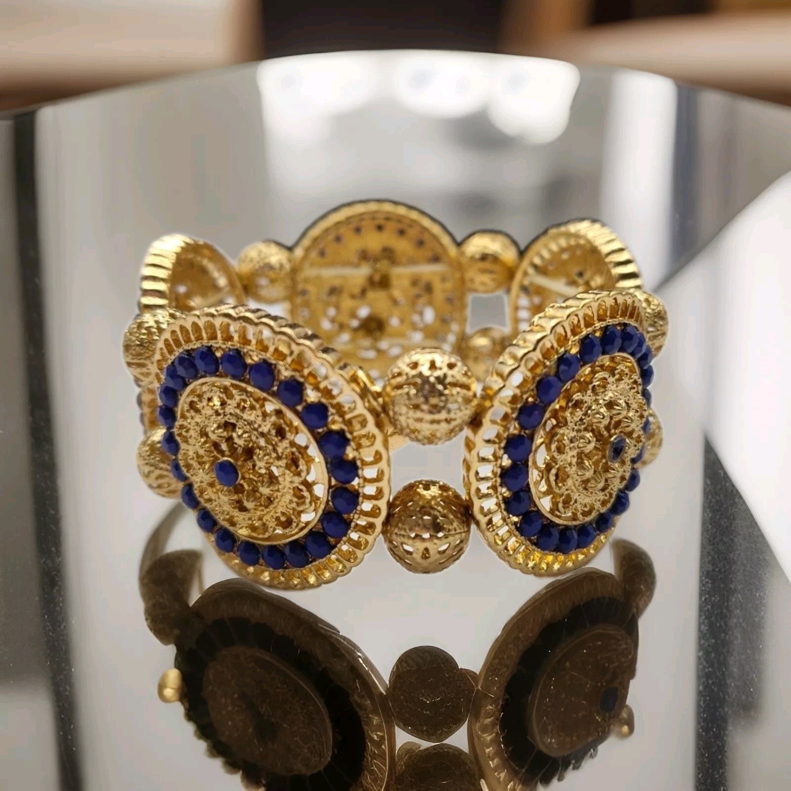 Susan Graver Bohemian Style Filigree Bracelet Gold Tone Blue Beaded Stretchy 1